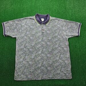 Guess Polo‎ Shirt Mens XL Green Paisley Fish AOP Vintage Golf Preppy Casual